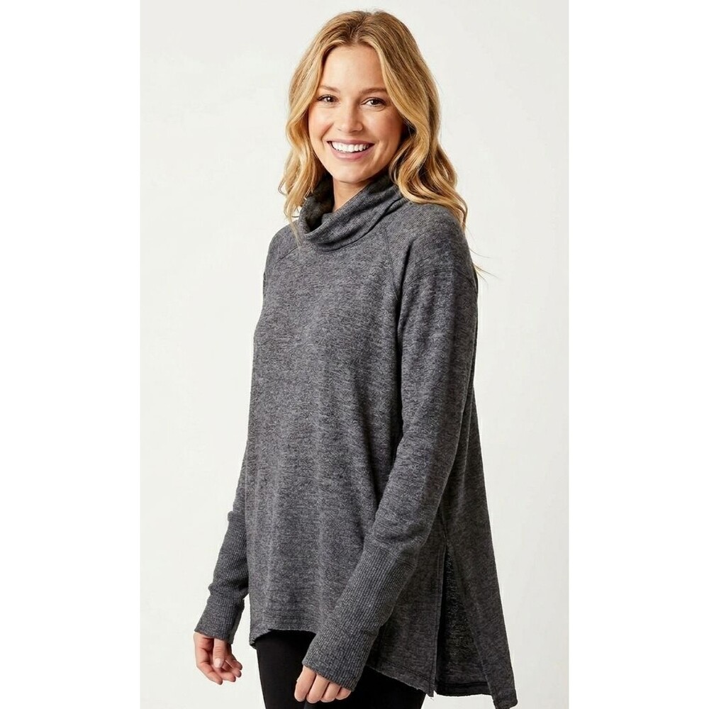 Free People We The Free Tara Split Back Turtleneck Sweater Charcoal Gray Large